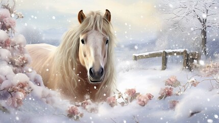
Christmas horse in snow Beautiful whimsical winter landscape