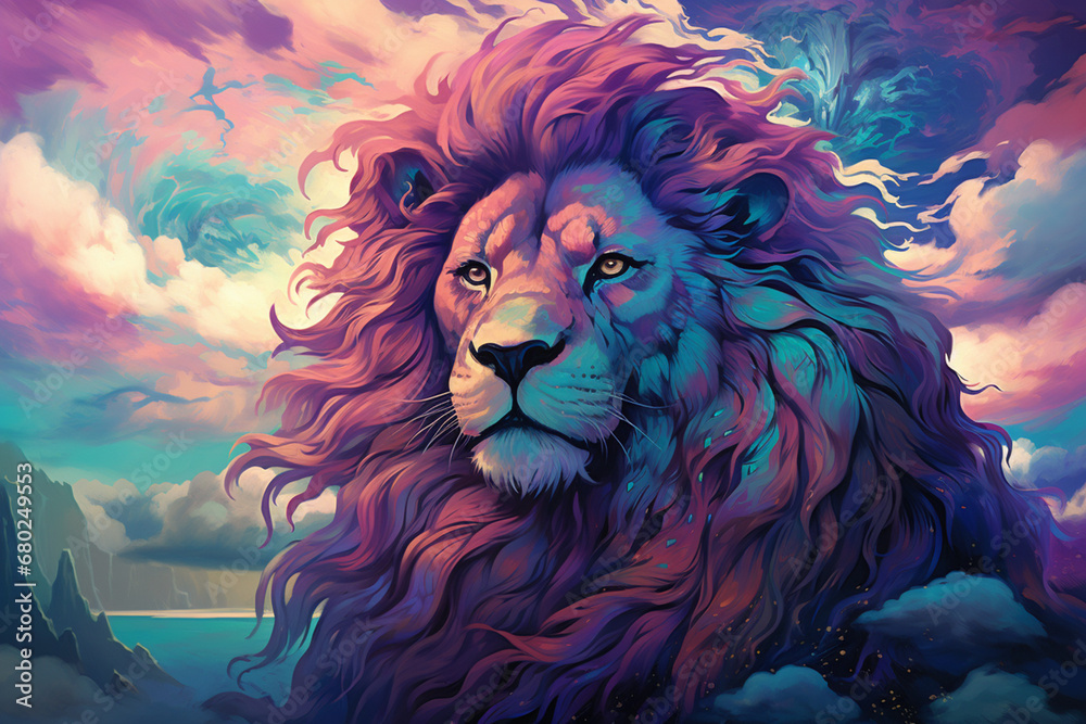 Aufkleber teal and purple clouds transform into abstract lions, their majestic manes blending seamlessly with 