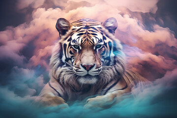 Abstract African tiger in clouds, teal, royal purple