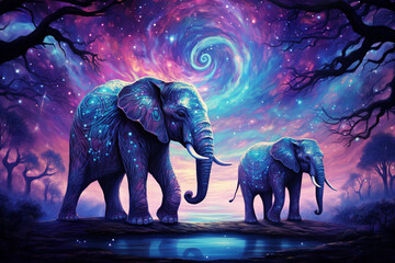 Teal and purple nebulae swirl into intricate patterns, revealing abstract elephants with trunks reaching towards the cosmos, their bodies adorned with celestial jewels.