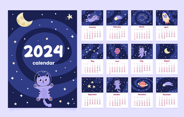 Calendar 2024 template with cute cat astronaut