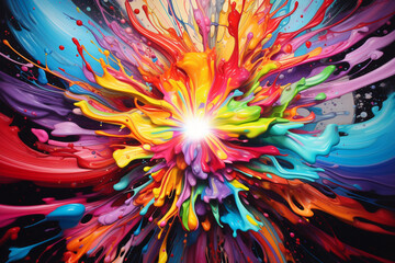 A kaleidoscope of neon hues swirl together, forming an abstract psychedelic explosion that dances across the canvas.
