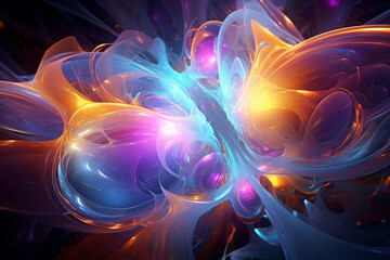 Fluorescent tendrils of light intertwine, forming an abstract psychedelic explosion that radiates with dynamic energy. -
