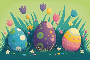 easter eggs in grass. Pastel color. Generative AI.
