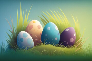 easter eggs in grass. Pastel color. Generative AI.