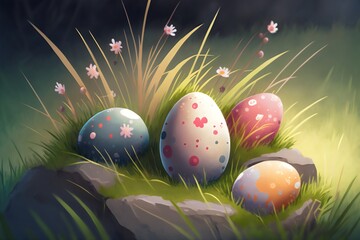 easter eggs in grass. Pastel color. Generative AI.
