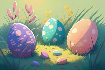 easter eggs in grass. Pastel color. Generative AI.