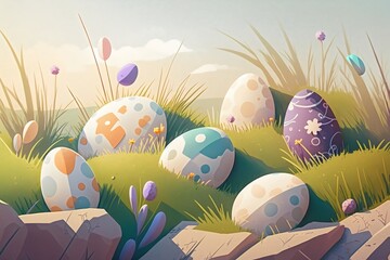 easter eggs in grass. Pastel color. Generative AI.