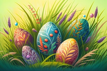 easter eggs in grass. Pastel color. Generative AI.