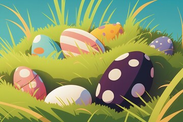 easter eggs in grass. Colored illustration. Generative AI.