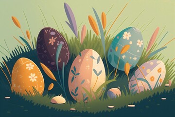 easter eggs in grass. Colored illustration. Generative AI.