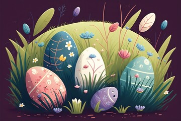 easter eggs in grass. Colored illustration. Generative AI.