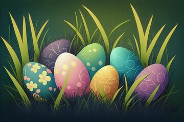 easter eggs in grass. Colored illustration. Generative AI.