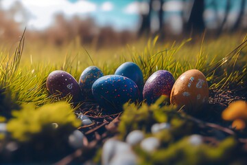 easters eggs in grass. Generative AI.