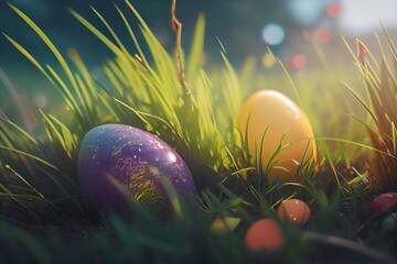 easters eggs in grass. Generative AI.