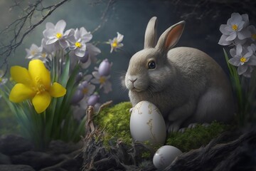 easter bunny and easter eggs. Generative AI.
