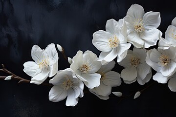  a bunch of white flowers sitting on top of a black table next to a white vase with flowers in it.