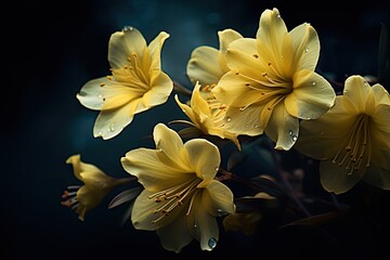  a group of yellow flowers with drops of water on them, on a dark background, with a black background.