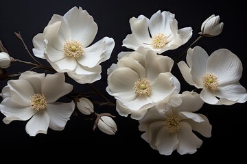  a group of white flowers sitting next to each other on a black surface with a reflection of the flowers in the water.
