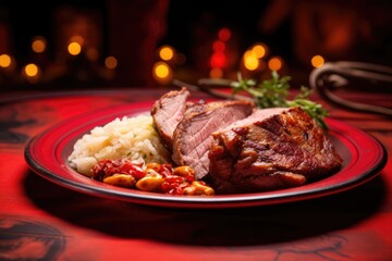  a plate of meat, mashed potatoes, and garnished garnishes sits on a table.