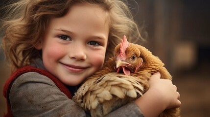 
Small child hugging a chicken or hen. livestock farm photography