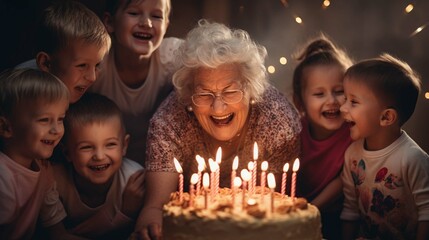 
Smiling Senior woman surrounded by her grandchildren celebrating as she is about to blow out the candles on her birthday cake. photography