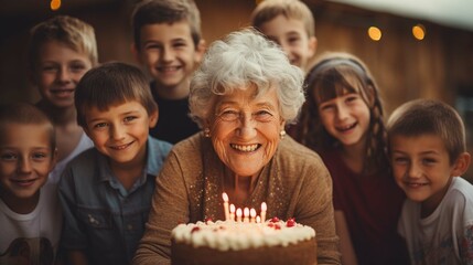 
Smiling Senior woman surrounded by her grandchildren celebrating as she is about to blow out the candles on her birthday cake. photography - obrazy, fototapety, plakaty