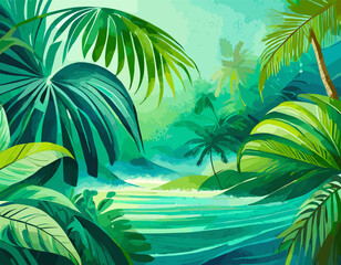 Fototapeta na wymiar Tropical vibes emerge with a gradient from vibrant turquoise to lush green, establishing a refreshing and nature-inspired background.
