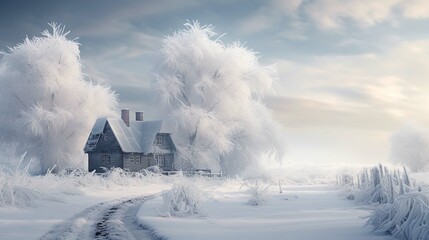 
Snow-covered house in winter landscape photography