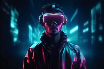 man wearing virtual reality glasses, electronic head device. User interface. Player one read. Generative AI.