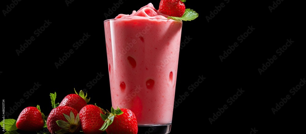 Poster In a tall, frosty glass, a refreshing strawberry milkshake is expertly blended, combining the sweet tanginess of fresh strawberries with smooth, creamy yogurt and icy milk to create a delightful fruit