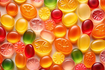  a group of jelly candies sitting next to each other on top of a white surface with orange, red, green, and yellow candies.