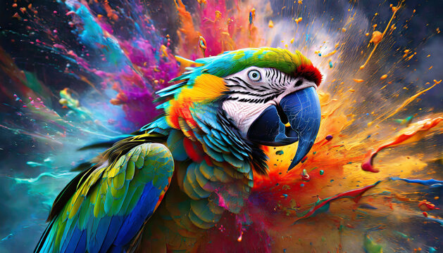 Colorful Macaw Parrot Bird exploding colors - Paint platter explosion of rainbow colors  