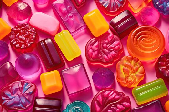  a close up of many different types of candies and lollipops on a pink and red surface.