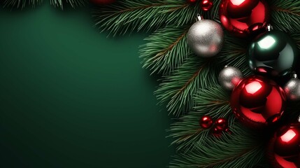 Fototapeta na wymiar Red Christmas background with a fir, in the style of realistic, dark silver and dark green, wry, charismatic, light silver and dark green
