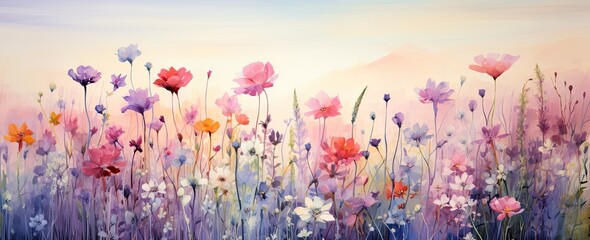 wild flower garden in warm watercolor colours - obrazy, fototapety, plakaty