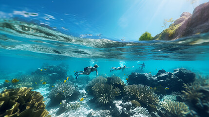 coral reef with fish and scuba divers