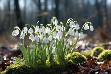  a group of white flowers sitting on top of a pile of leaf covered forest floor next to a forest filled with trees.