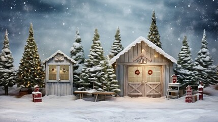 Whimsical Christmas tree farm photography backdrop, in winter at Christmas,
