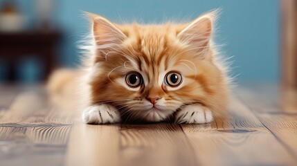 cute kitten laying in the wooden table. 