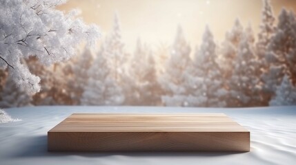 Wooden podium for product display and presentation. Snowy weather forest mockup with snow on trees...