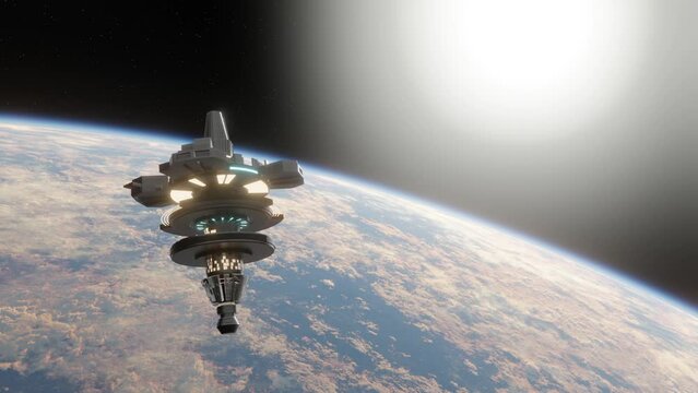 3d render futuristic space station rotates above the planet.