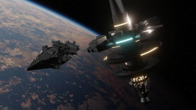 3d render futuristic space station rotates above the planet.