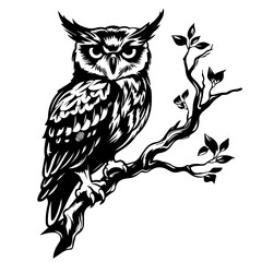 Wise Owl on Branch Vector Illustration