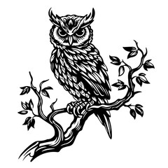 Wise Owl on Branch Vector Illustration