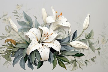  a painting of a bouquet of white flowers with green leaves on a gray background with a white spot on the center of the picture.