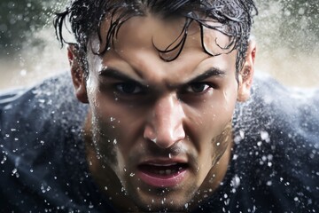 Intense Close-Up Portrait of Determined Athlete with Dynamic Water Splashes