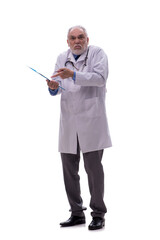 Old male doctor isolated on white