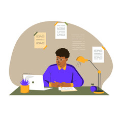 Young African American man learning at home online. Flat vector illustration.