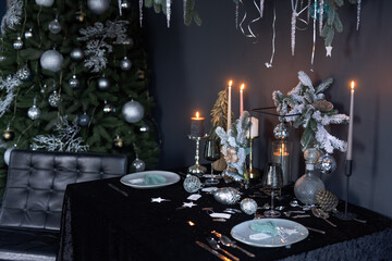 New Year's Christmas table in dark style,